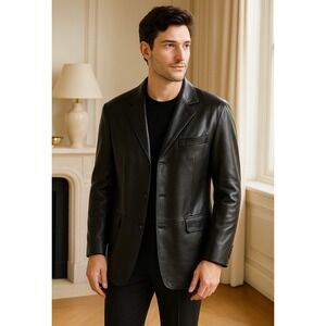 TREK New York Men's 44 Black 100% Genuine Leather Blazer Coat Jacket Classic